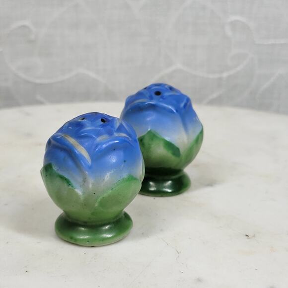 VTG Rose Bud Salt Pepper Shakers 1.5" Blue Green Japan Floral Ceramic Flowers - Picture 11 of 15